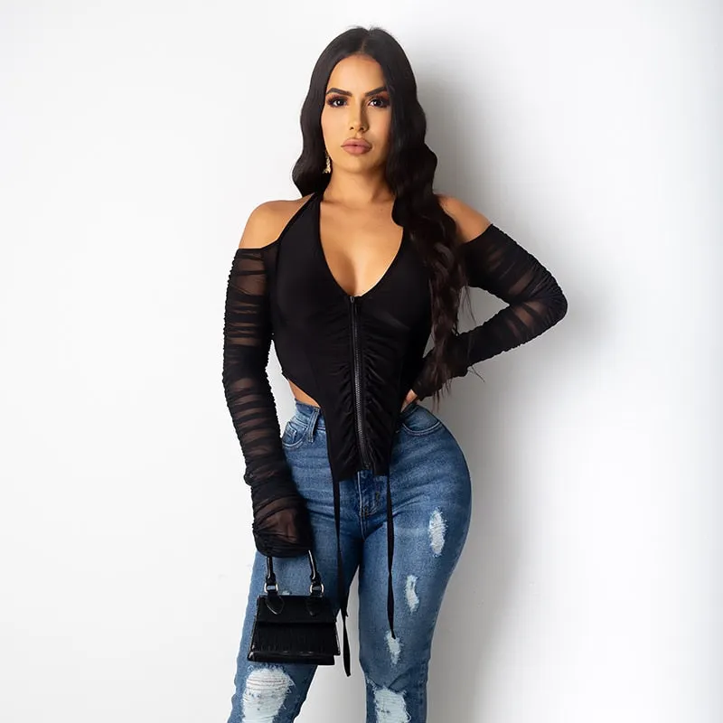 Hugcitar 2021 Long Stacked Sleeve Halter Zipper Patchwork Sexy Crop Top Autumn Winter Women Fashion Streetwear Tshitrs Club Tees