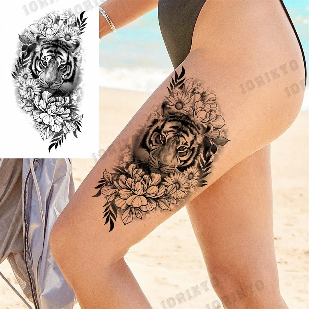 Black Lion Wolf Temporary Tattoos For Men Adult Forest Rose Compass Warrior Fake Tattoo Washable Body Art Painting Tatoo Sticker