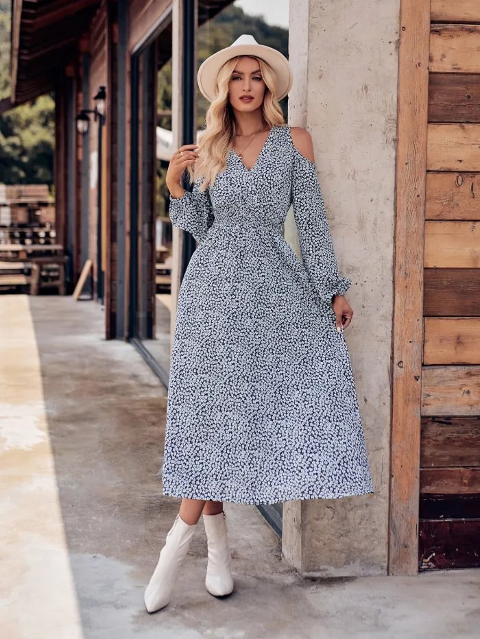 Women's Fashion V Neck Casual Off Shoulder Long Sleeve Printed Maxi Dress