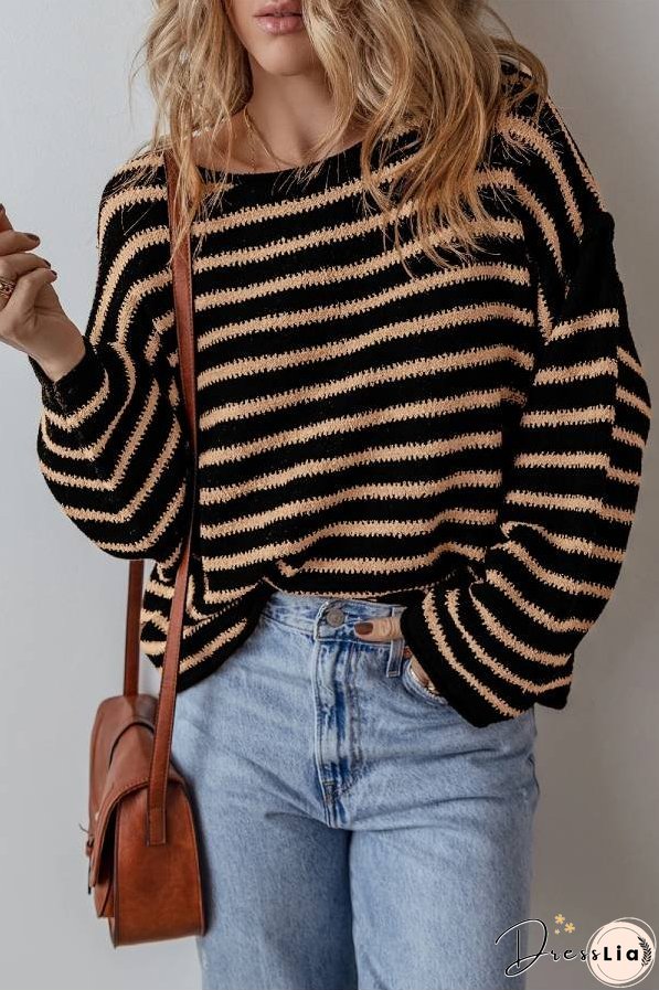 Black Stripe Drop Shoulder Round Neck Loose Sweater