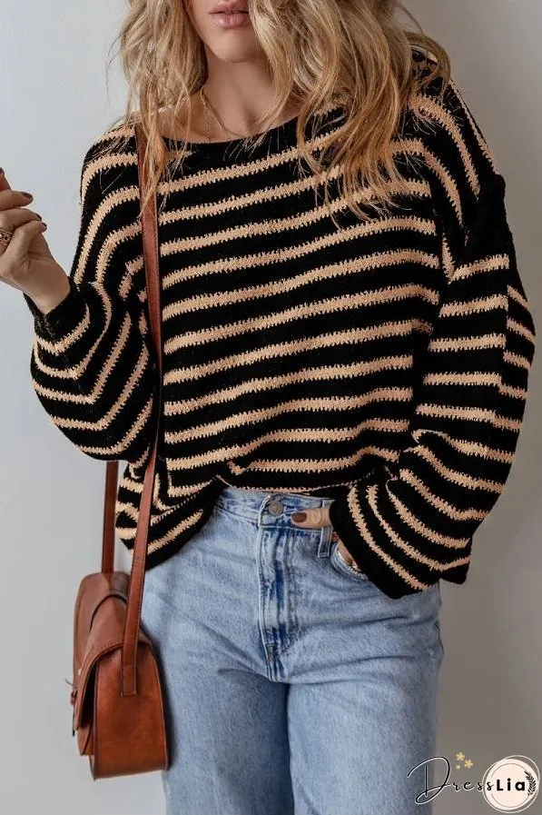 Black Stripe Drop Shoulder Round Neck Loose Sweater