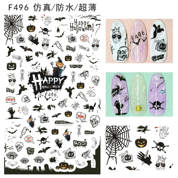 Halloween Nail Art Sticker Ghost Witch Spider Web Pumpkin Nail Decals Sexy Skull Bone Water Transfer Decals Nails Foil Manicure-Nail Inspo