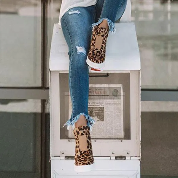 Women Casual Leopard Wedge Heel Booties