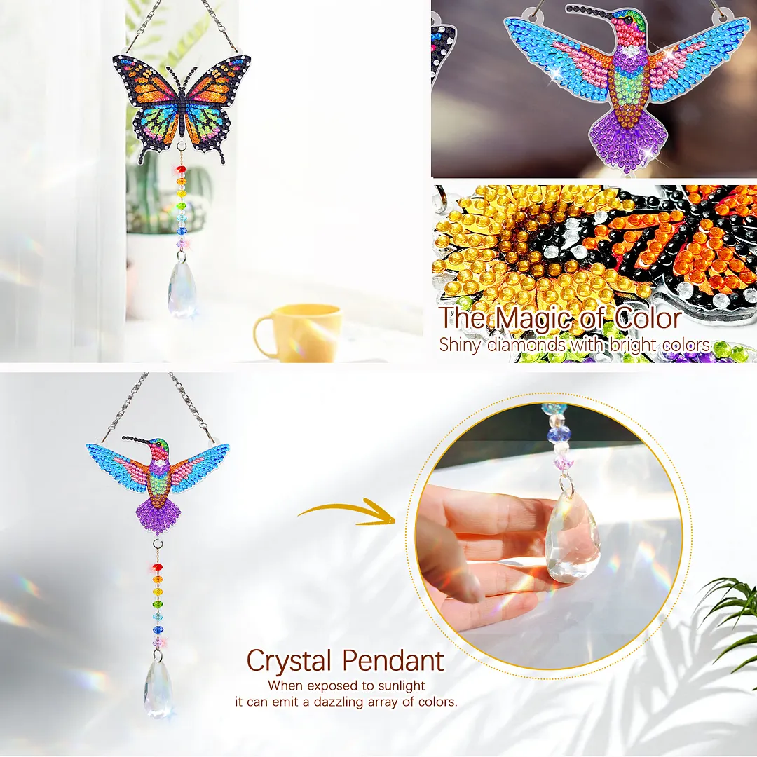 2Pcs Beautiful Butterflies and Hummingbirds DIY Double-Sided Diamond Painting Hanging Kits Diamond Painting Suncatcher Craft Kit for Home Garden Wall Decor Gift
