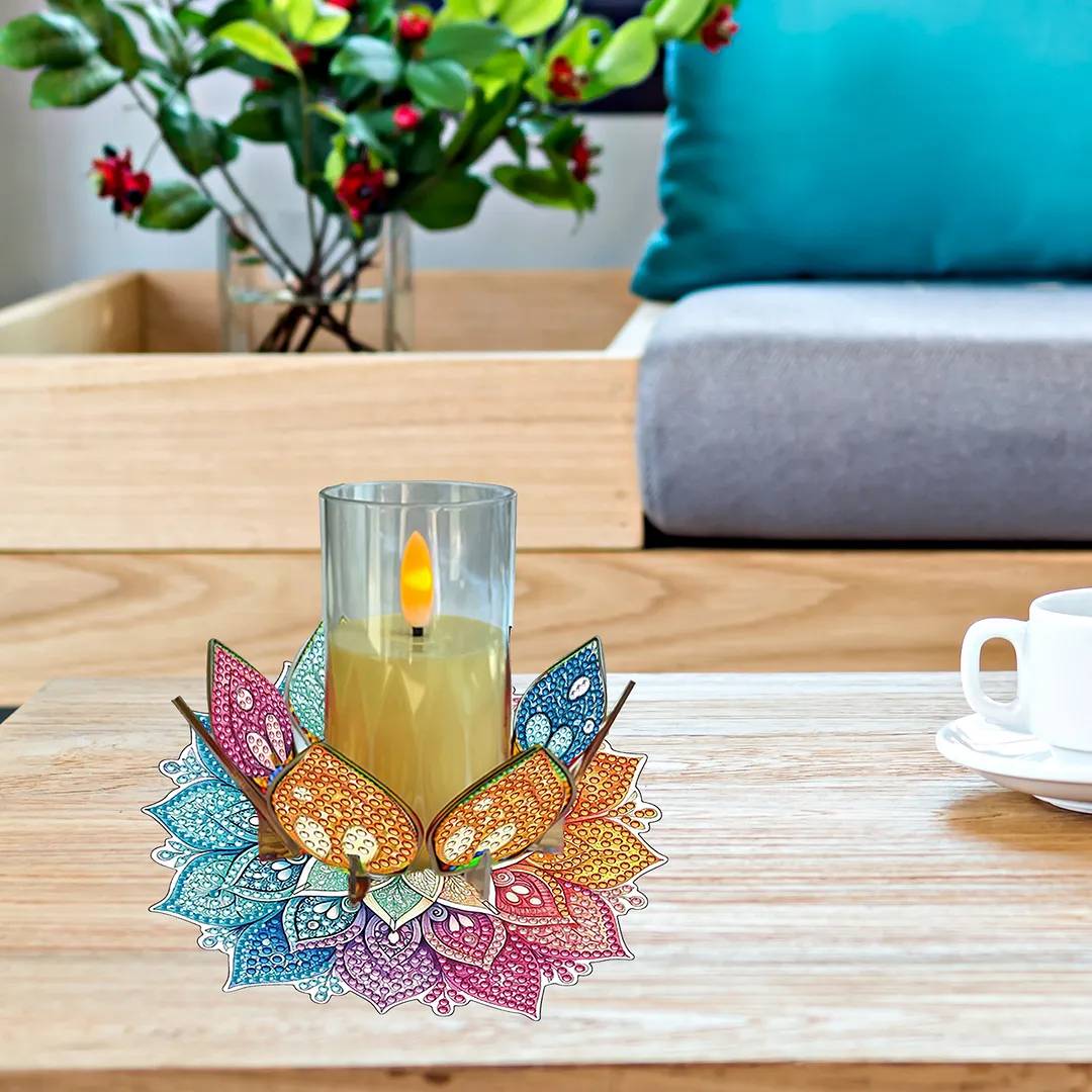 Mandala Lotus-C Acrylic DIY Diamond Painting Candle Holders Without Candles Crystal Painting Tealight Candle Stand Table Centerpiece for Adults Beginners Home Party Decor