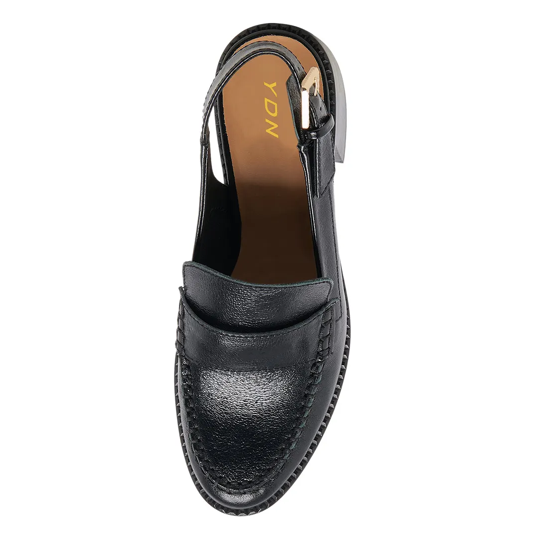 Vegan Leather Buckle Slingback Black Loafers with Block Heel