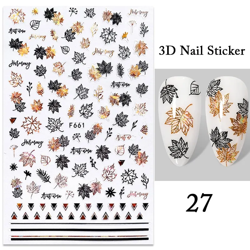 1PC iridescent Gold Black White 3D Nail Sticker Leaves Geometric Tropical Beach Decals DIY Slider Decoration Manicures-Nail Inspo