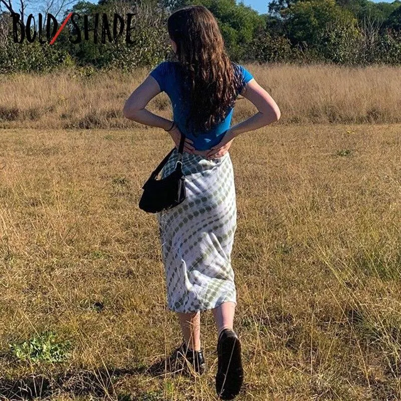 Bold Shade 2000s Aesthetic Printing Midi Skirt High Waist Colorblock Skinny Y2K Fashion Indie Clothes Women Summer Skirts 2021