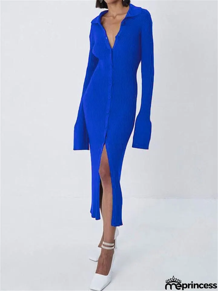 Women's Fashion Simple Style V-Neck Long Sleeve Sweater Dress