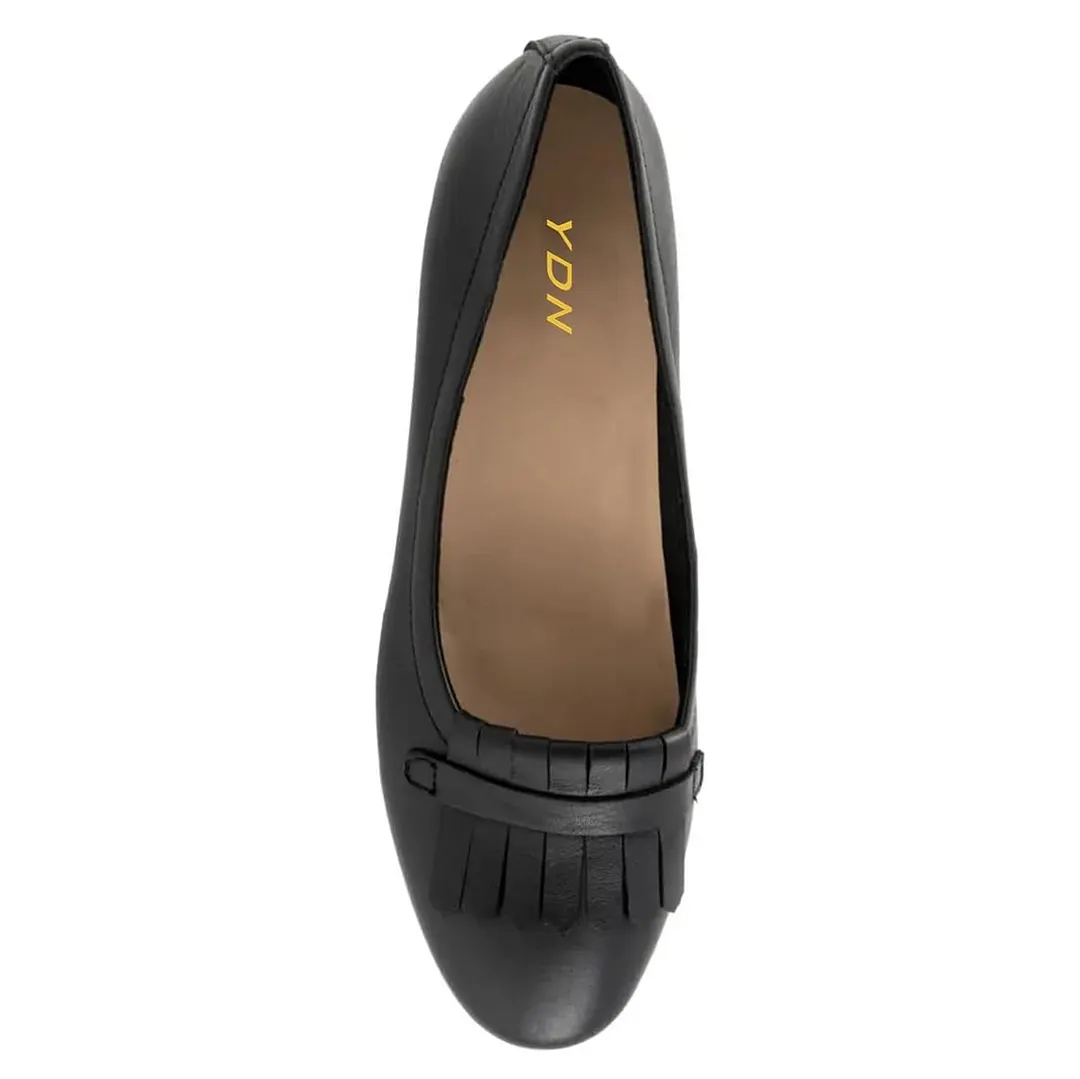 Women's Casual Black Round Toe Low Heel Pumps Shoes with Fringes