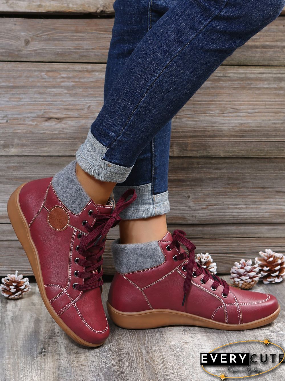 PU Leather Suede Panel Casual Short Boots