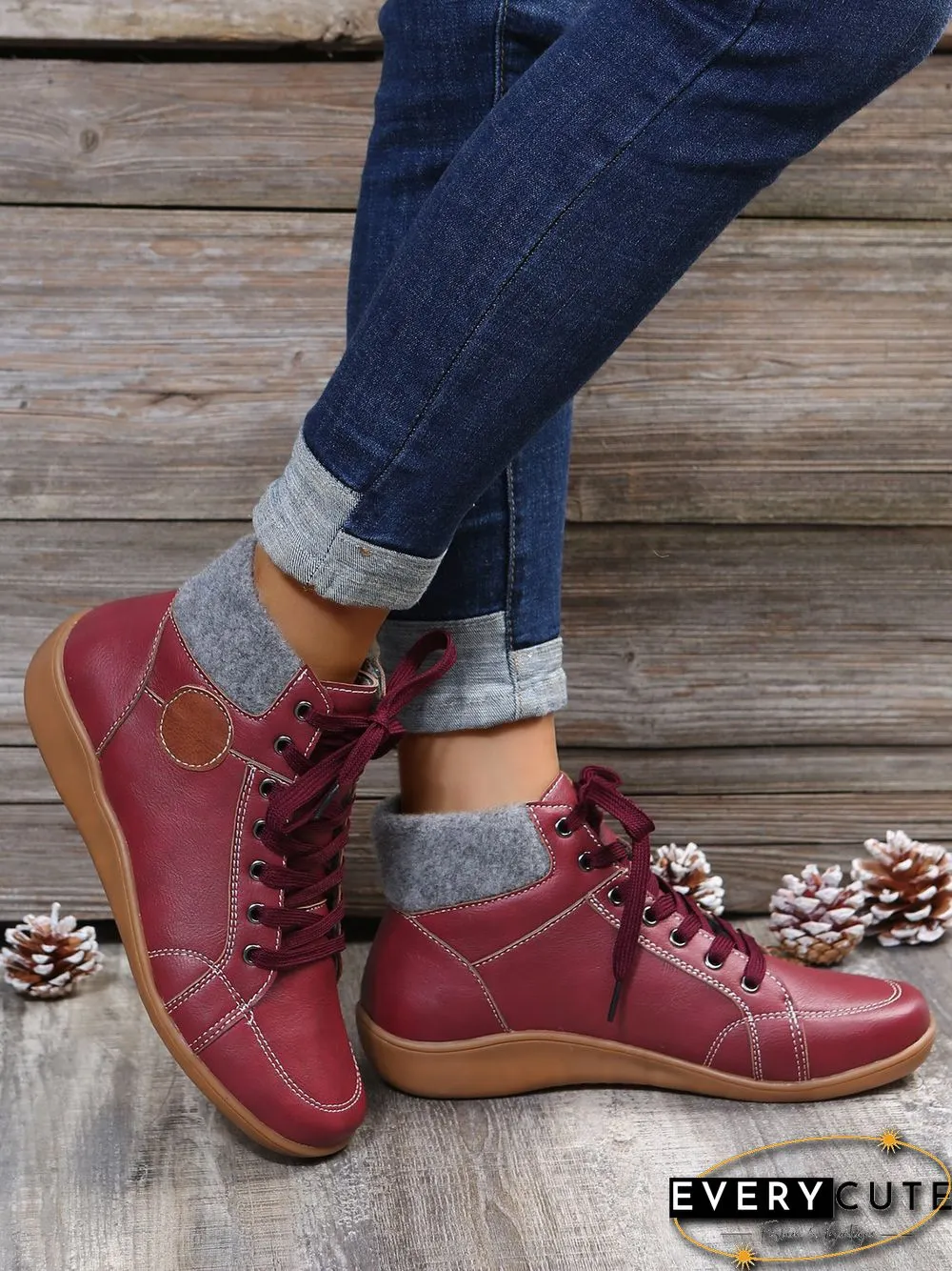 PU Leather Suede Panel Casual Short Boots
