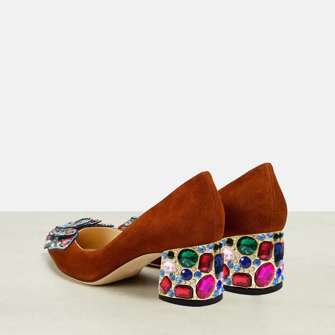 Tan Vegan Suede Rhinestone Butterfly Pointed Toe Block Heel Pumps
