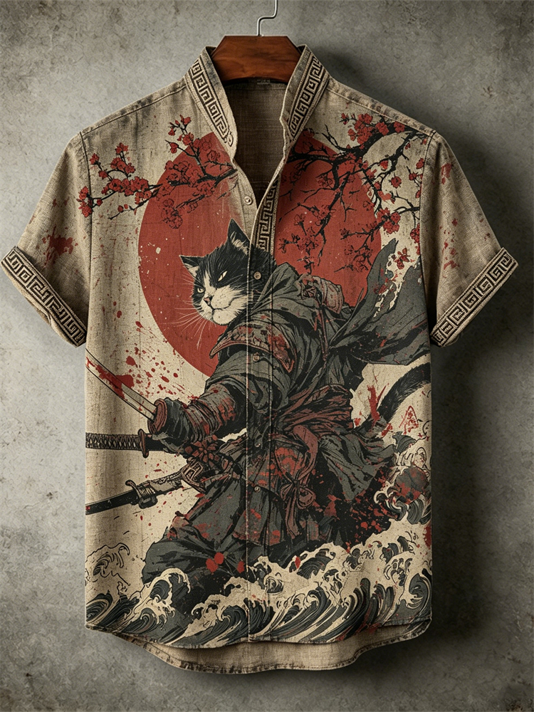 Men's Bloody Cat Samurai Sea Waves Japanese Art Linen Shirt elevenforest