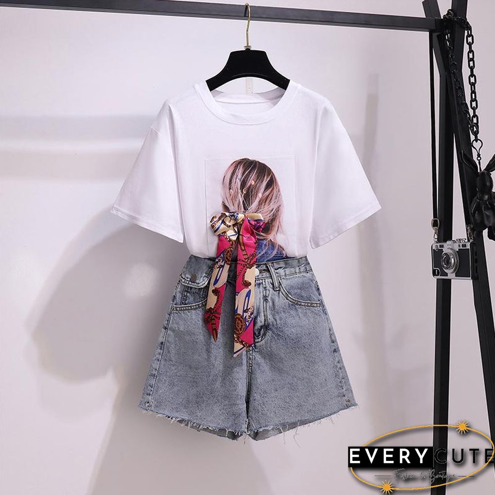 Fashion Print Tee+ Denim Shorts P11654