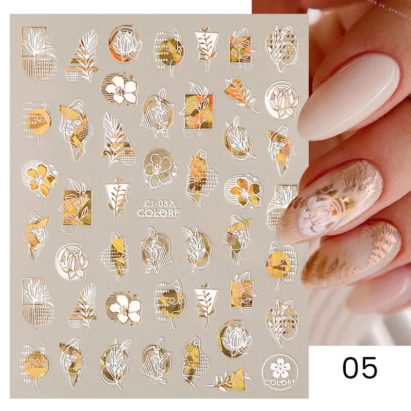 1 Pc 3D Nail Stickers Leaves Sliders for Nails Gold White Bronzing Flowers Gradient Adhesive Sticker Nail Design Art Decorations-Nail Inspo