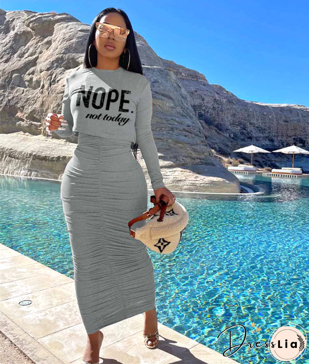 Letter Print Ruched Bodycon Two Piece Dresses Set