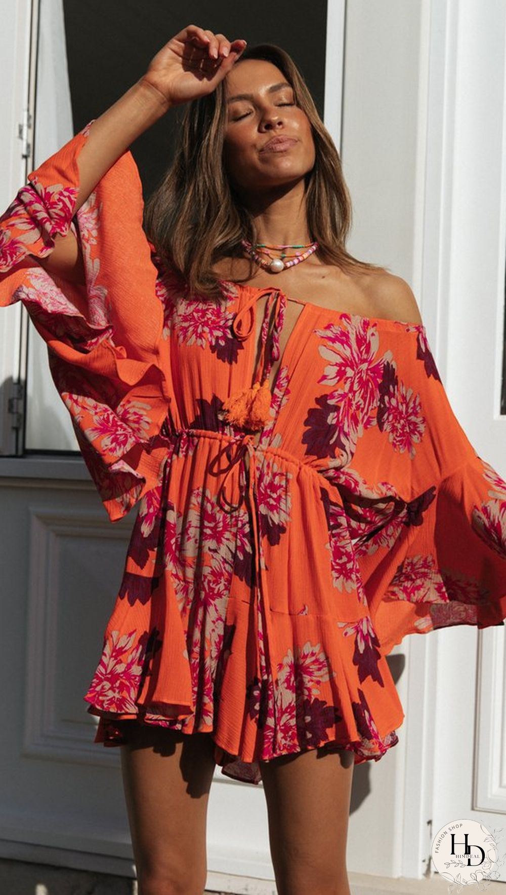 Carrot Floral Off Shoulder Withdraw Rompers