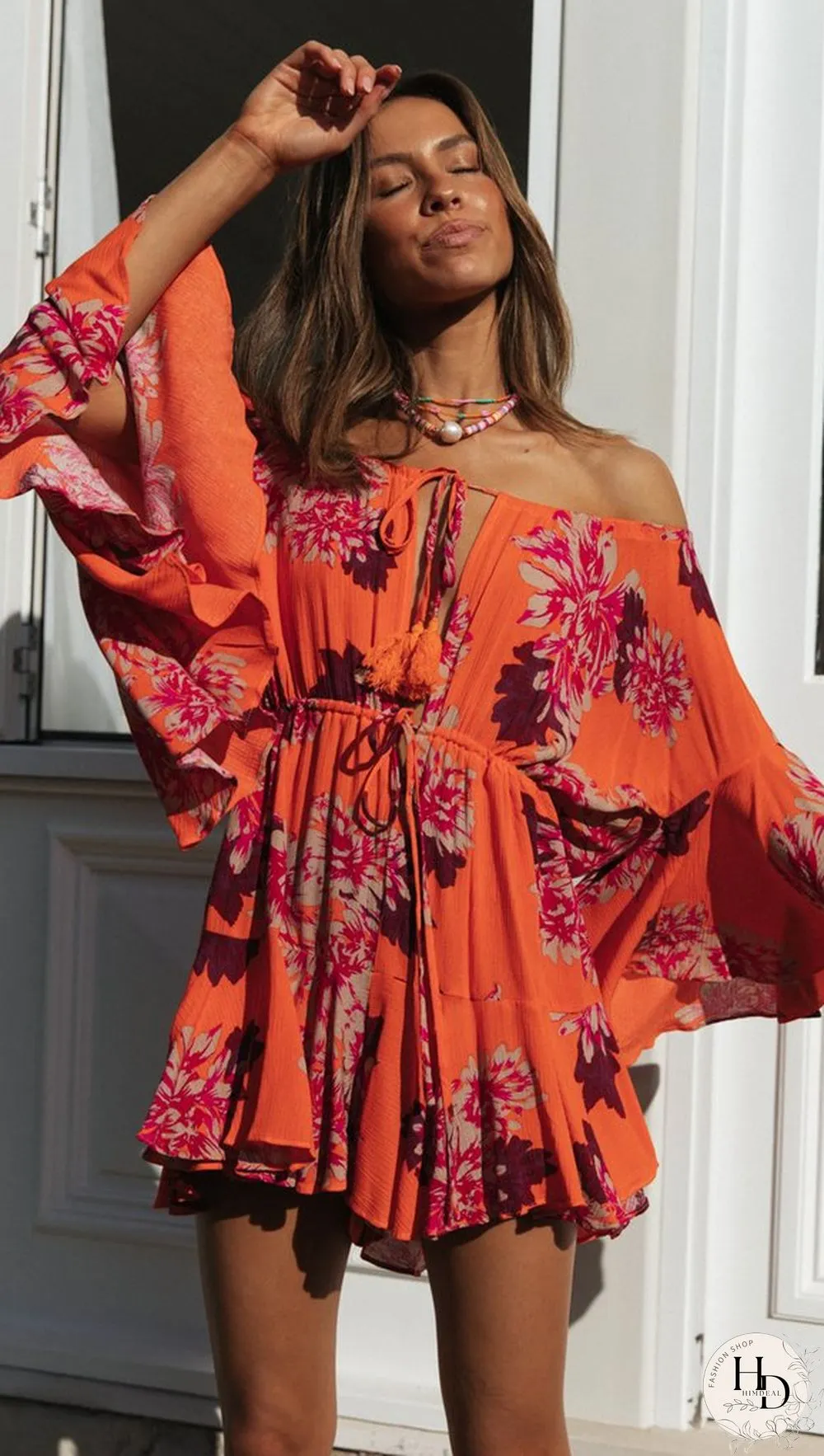Carrot Floral Off Shoulder Withdraw Rompers