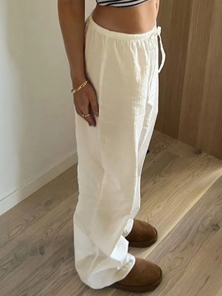Brownm Basic Solid Color Drawstring Straight Leg Pants