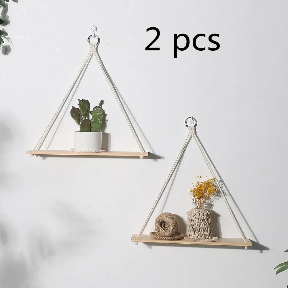Double Layer Macrame Hanging Shelves Floating Shelf For Plants Boho Home Decor Wood Wall Shelves for Bedroom, Living Room