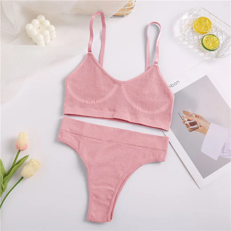 FINETOO Women Bra Set Female Underwear Bralette Ribbed Tops Girls Sexy Lingerie Basic Stretchy Brassiere Tank Crop Tops Suit New