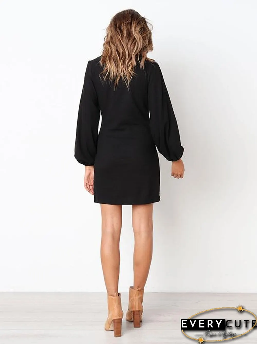 Long Sleeves Round Neck Waist Wrap Mini Dress