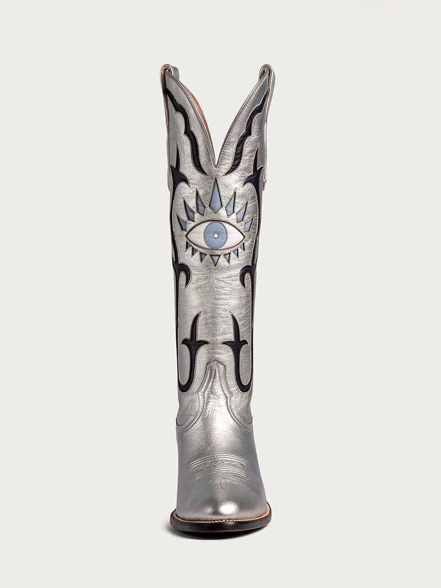 Silver Metallic Finish Embroidered Round Toe Knee High Cowgirl Boots