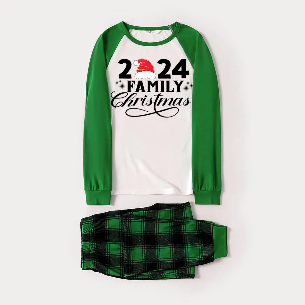 "2024 Family Christmas" Letter Print Green Rotator Cuff Top With Green & Black Plaid Family Matching Pajamas
