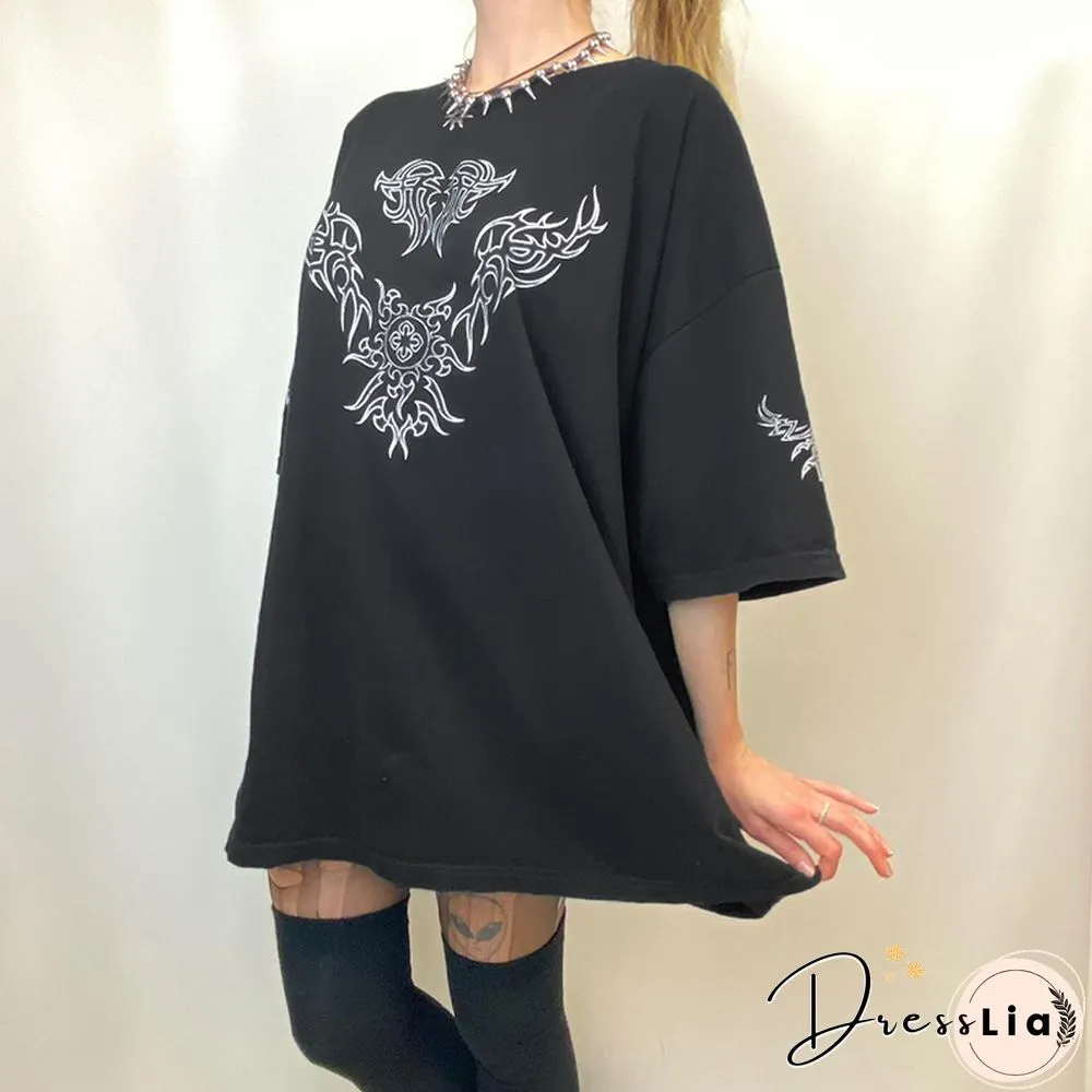 Fashion Oversized Black Long T-Shirts Women Goth Print Aesthetic Grunge Graphic Tees Short Sleeve Tops Summer Clothing