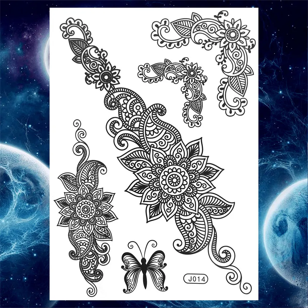 Sexy Black Henna Temporary Tattoos For Women Girls Lotus Flower Lace Tattoo Sticker Fake Jewelry Mandala Body Chest Tatoos Paper