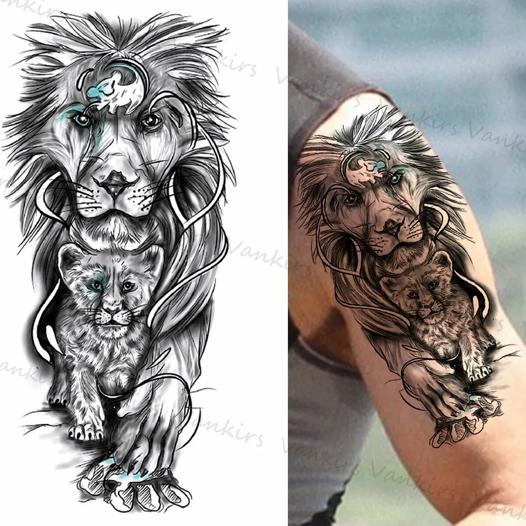 Sdrawing Lion Crown Temporary Tattoos For Women Men Wolf Compass Tiger Mountain Flower Fake Tattoo Sticker Arm Body Tatoos