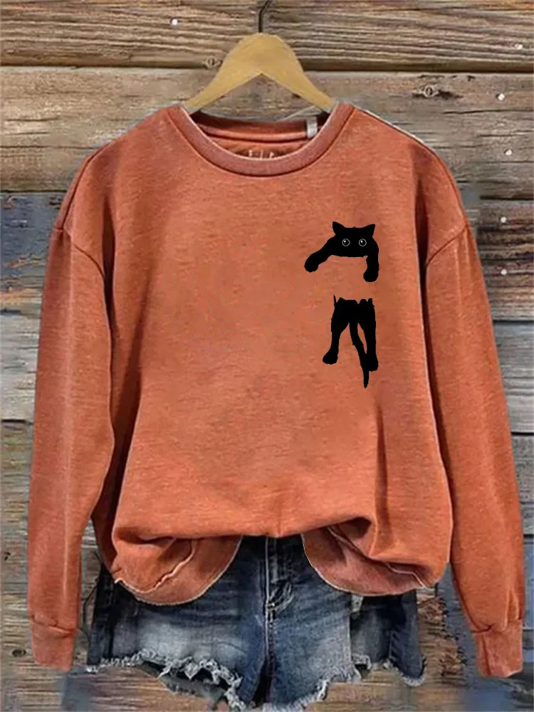 Women's Casual Funny Black Cat Print Sweatshirt