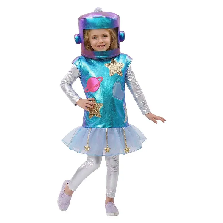 Kids Children Alien Robot Blue Dress Hat Outfits Halloween Cosplay Costume