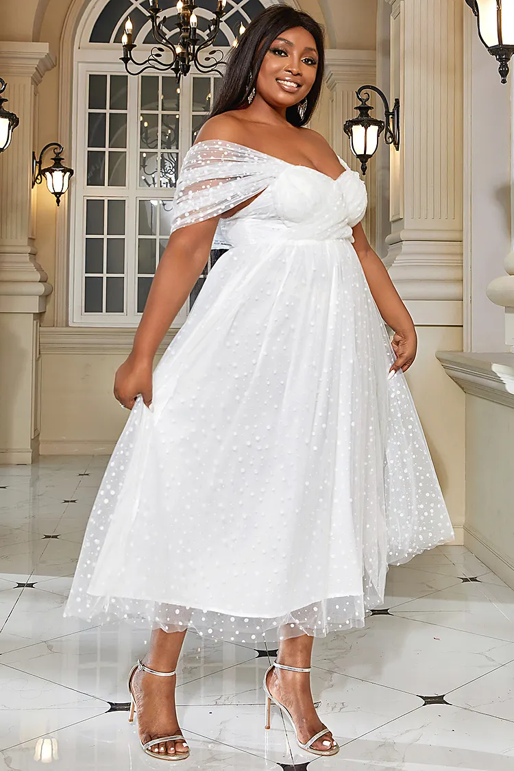 Xpluswear Design Plus Size White Formal Off The Shoulder Mesh Midi