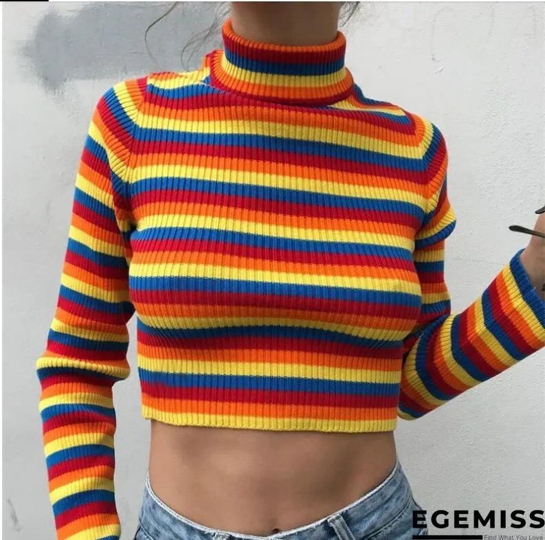 Fall/Winter Turtleneck Color Striped Slim-fit Knit Sweater | EGEMISS
