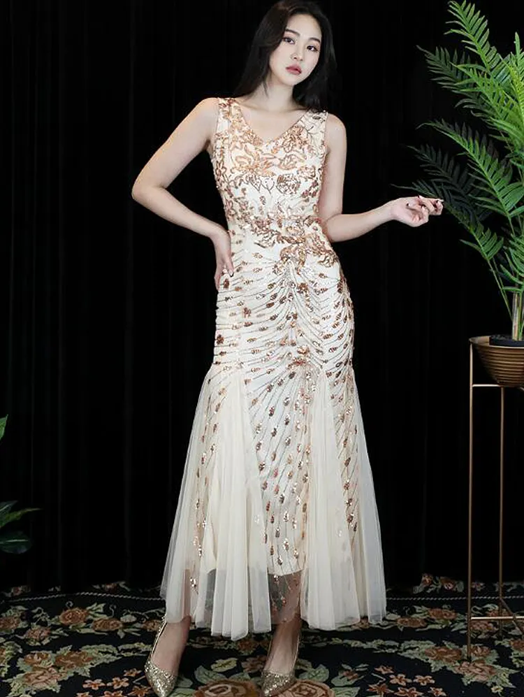 Glitter Golden Mermaid Evening Dress Double V Neck Tulle Modern Wedding Party Dresses