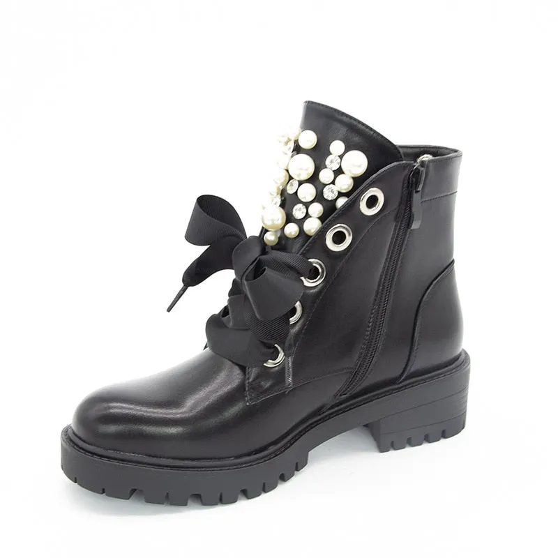 Women Short Boots 2022 Ladies Leather Ankle Boots Autumn Platform Motorcycle Shoes For Woman's Punk 36-42 Winter Pearl Rivet Sho