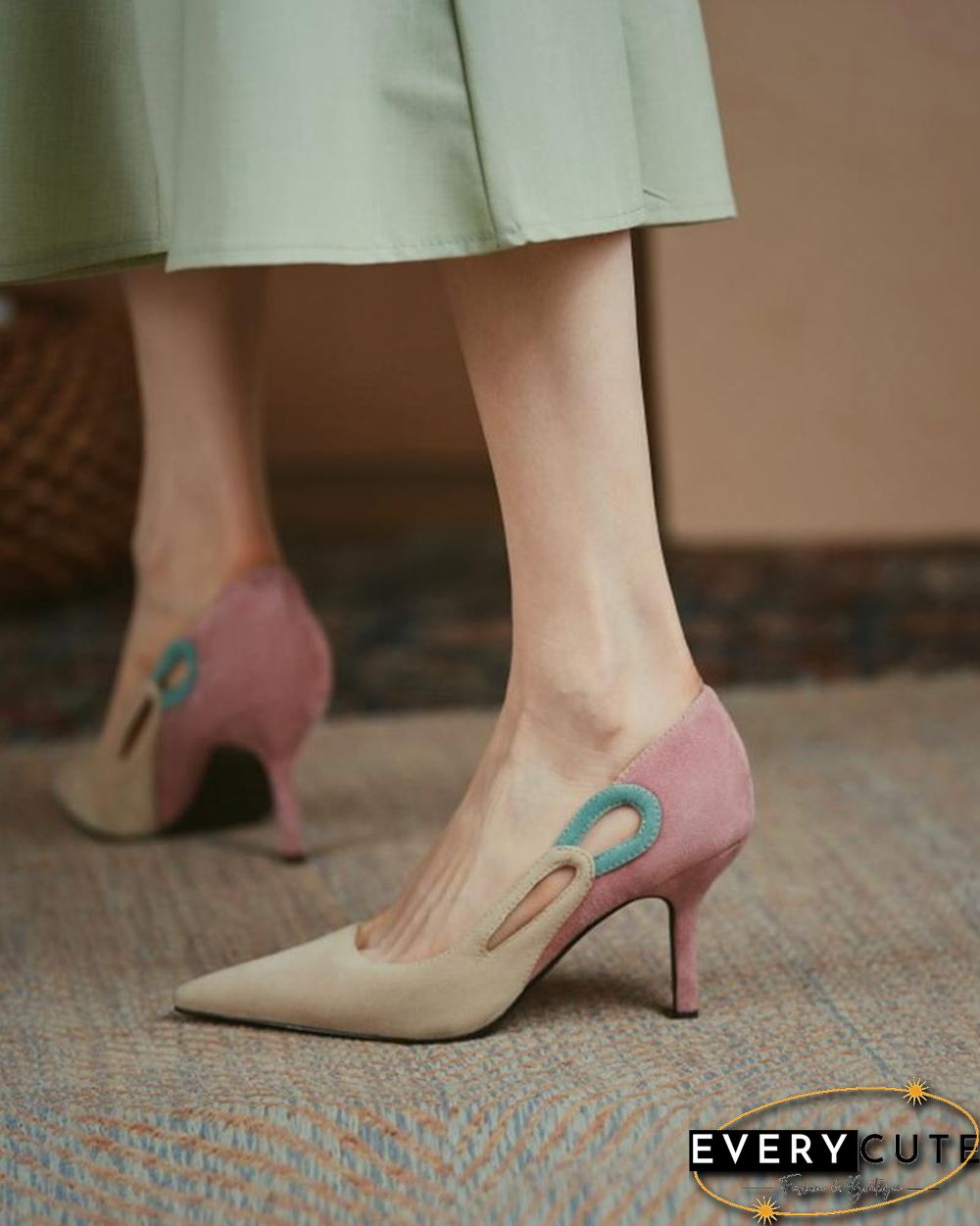 Colorblock Cut-out Suede Leather High Heel Sandals