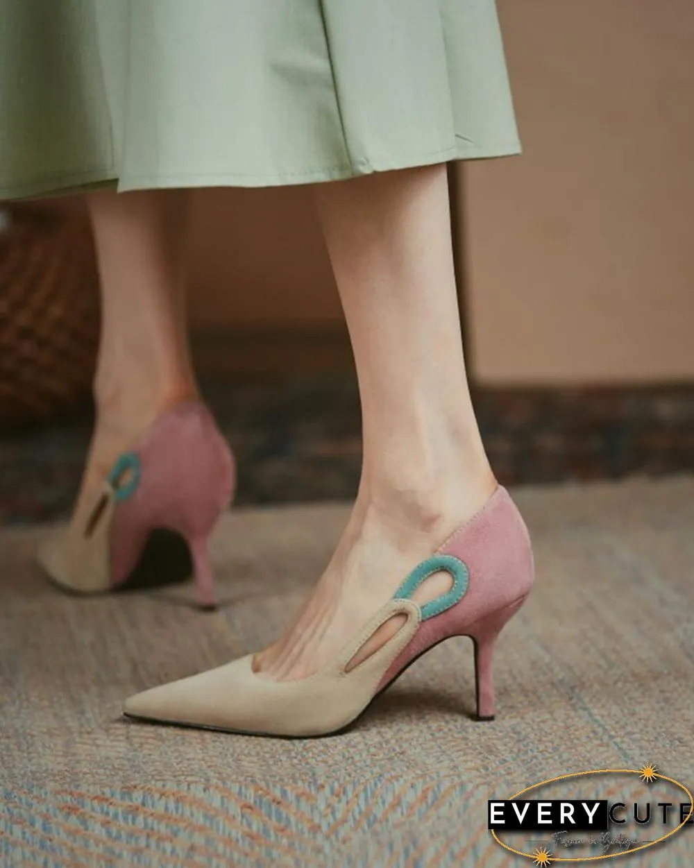 Colorblock Cut-out Suede Leather High Heel Sandals