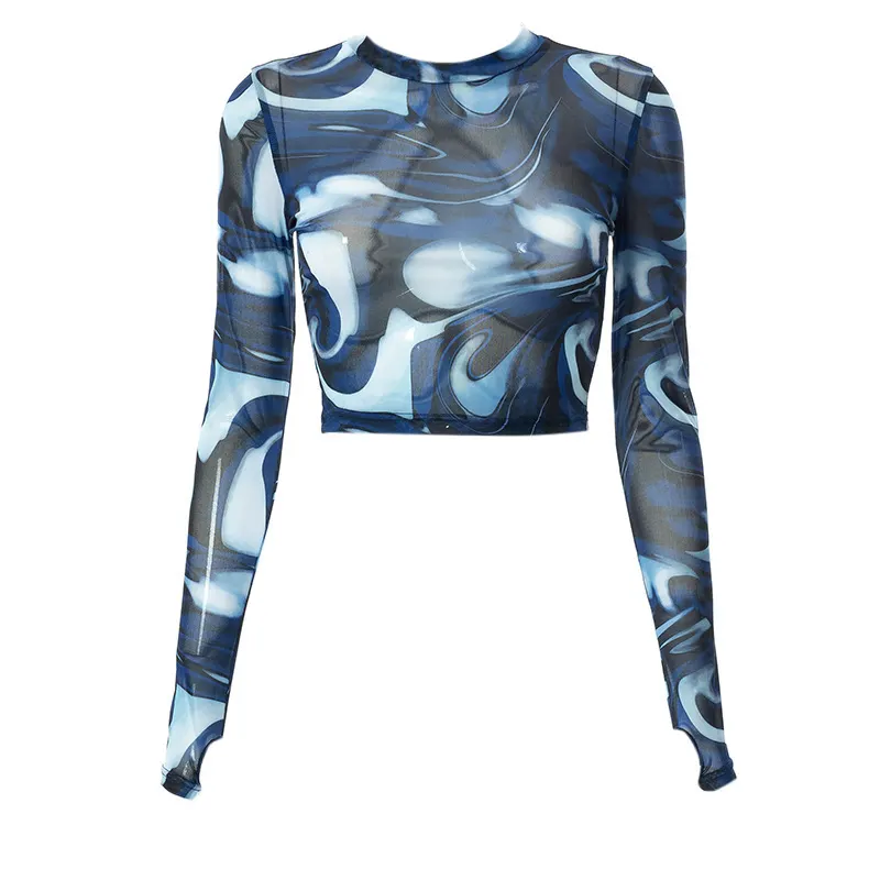 Churchf Spring New Round Collar Cover Print Open-Umbil Umbilical Cover Finger Long-Sleeved Casual Women's Top Sales