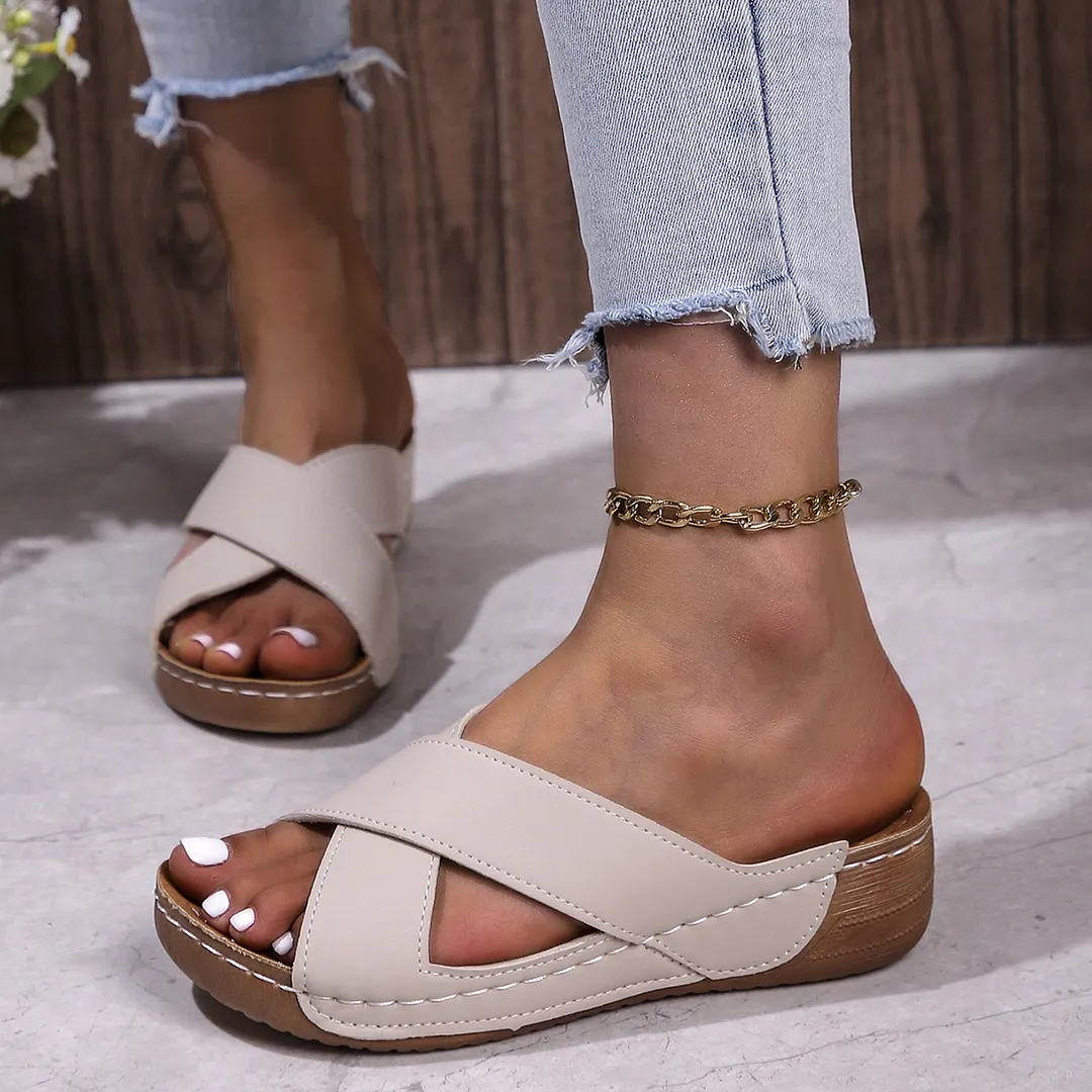 Yyvonne And Thick Bottom Slippers Women Large Size Round Head Leisure One Foot Pedal Solid Cross With Slope And Cool Slippers