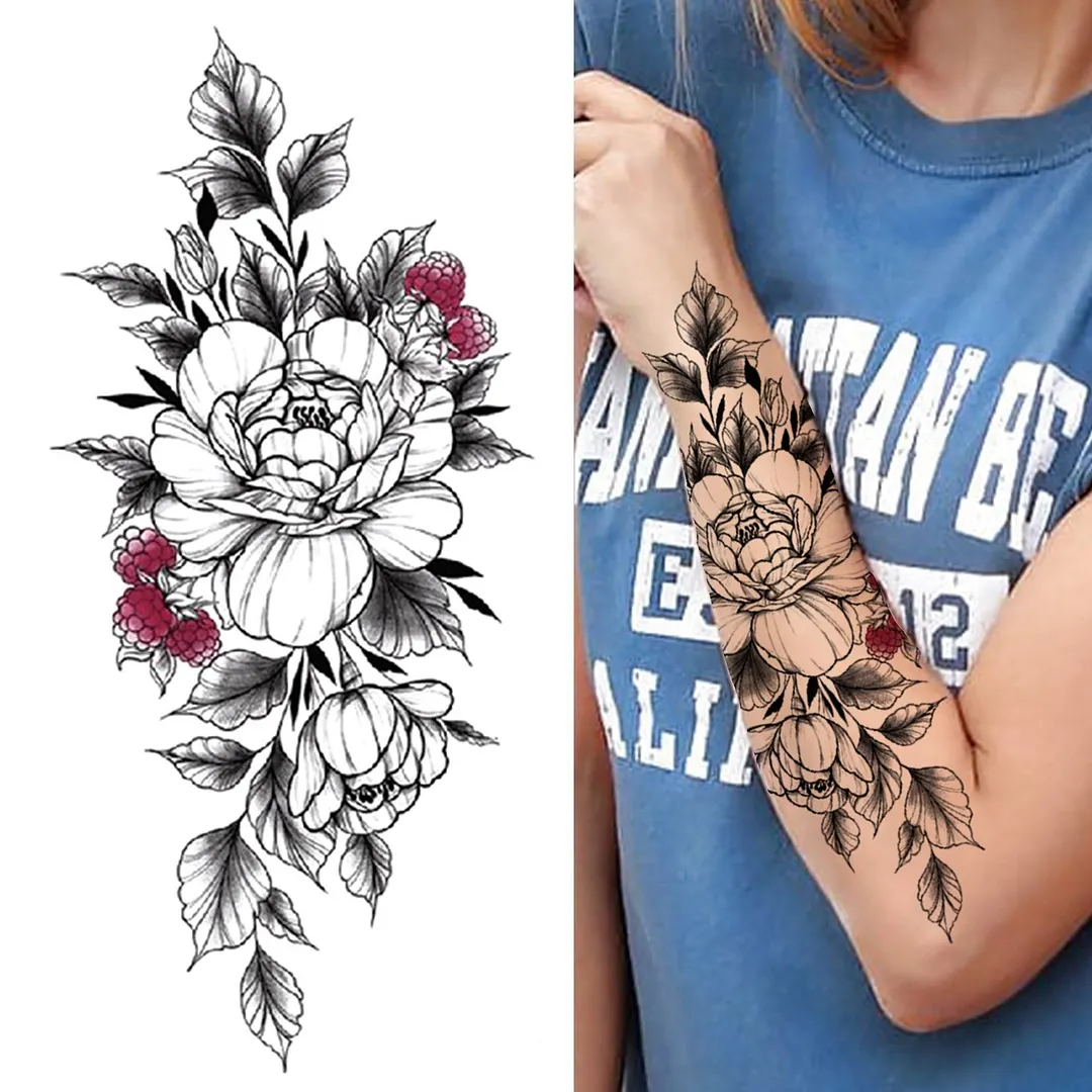Realistic Fake Peony Temporary Tattoos For Women Girl Black Rose Elephant Flower Tattoo Sticker Tiger Anemone Tatoos Half Sleeve 515-1