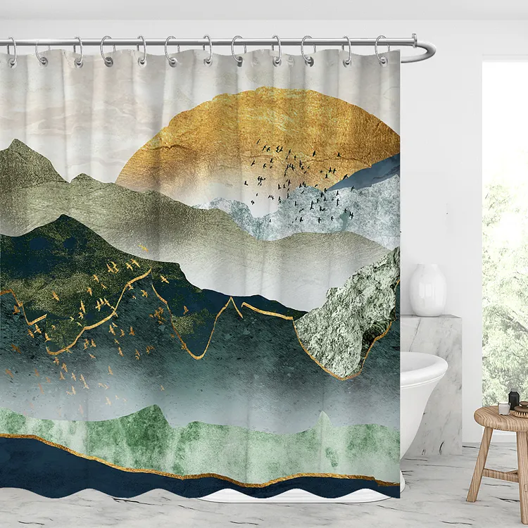 The Green Golden Mountain By Sunset Waterproof Shower Curtains With 12 Hooks
