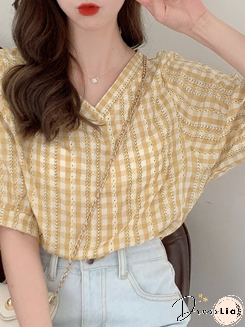 Check Print V-neck Loose Short Sleeve Women Blouse