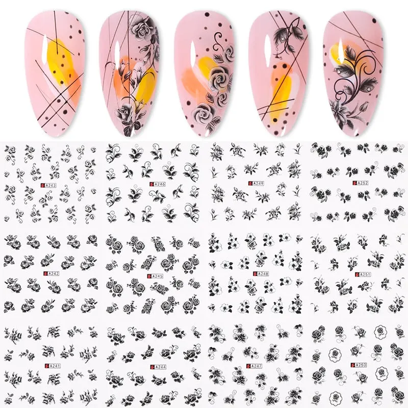 12Pcs Leopard Water Decals Sticker Hollow Floral Flower Leaves Geometry Water Transfer Watermark Foil Slider Decoration