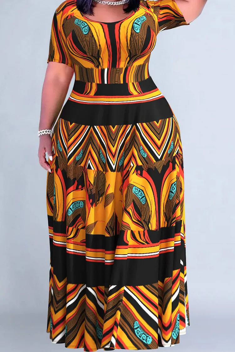 Plus Size Daily Brown Casual African Ankara Round Neck Short Sleeve Pocket  Maxi Dresses