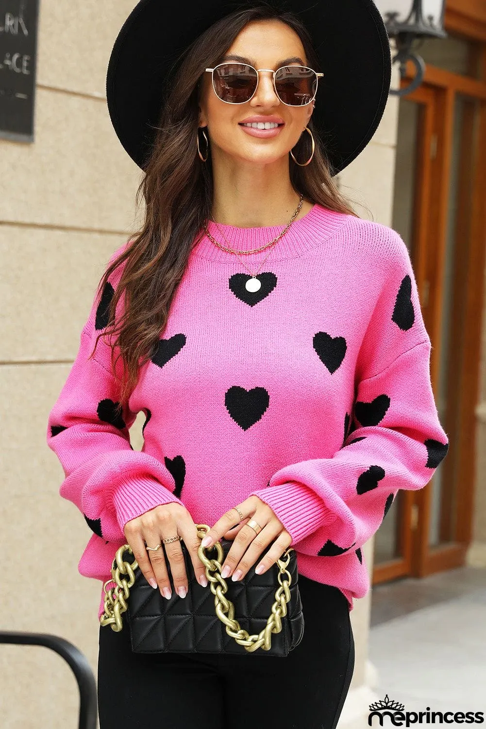 Heart Pattern Ribbed Trim Knit Sweater