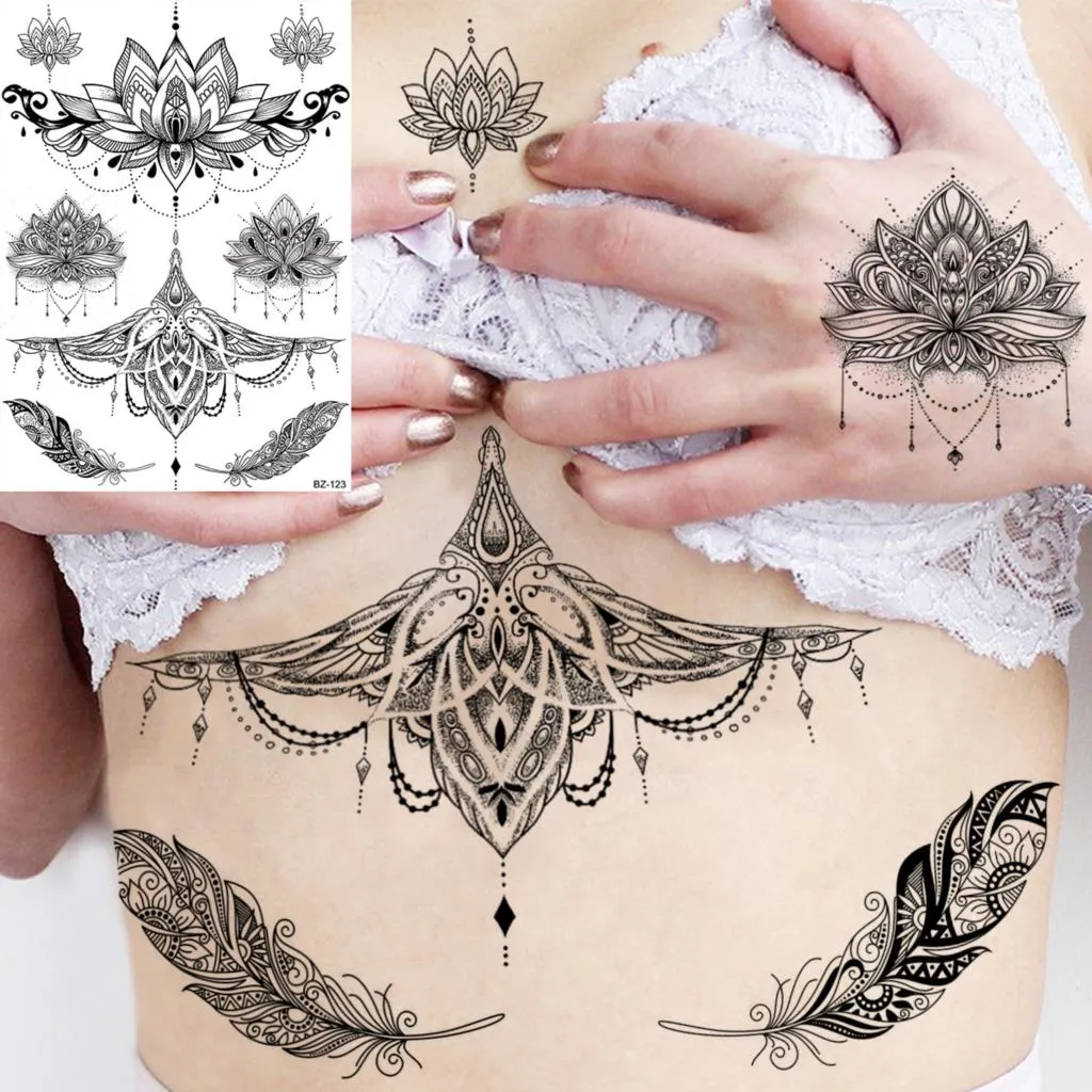 Sdrawing Peony Flower Temporary Tattoos For Women Adults Realistic Compass Moon Pendant Fake Tattoo Sticker Arm Body Tatoos