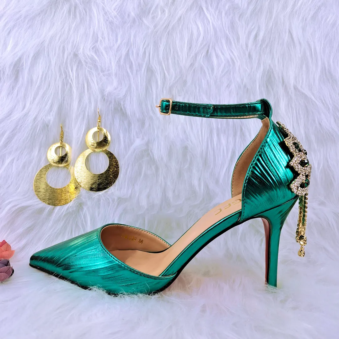 QSGFC 2022 New Arrival Sexy High Heel Pointed Elegant Noble Green Color Ladies Shoes and Bag Set For Any Occasion
